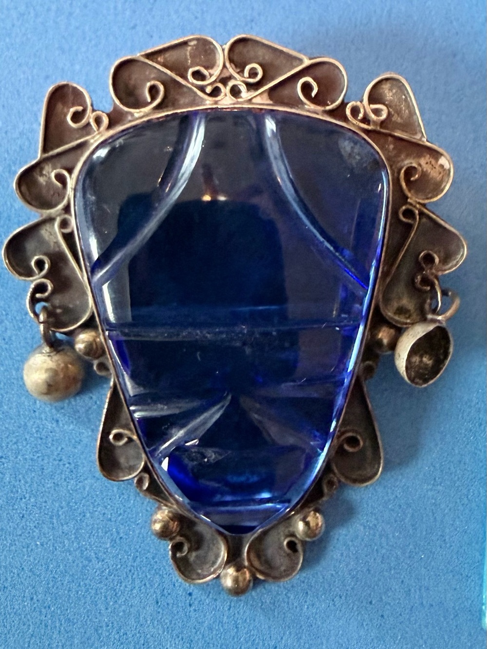 Sterling 925 Valencia Mayan Brooch Pin (Aztec Face) Cobalt Blue (unique)
